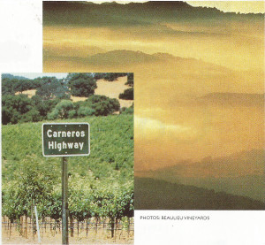 Carneros fog. Maritime influences here are stronger than in the rest of the region; Highway marker in front of Beaulieu Vineyards.