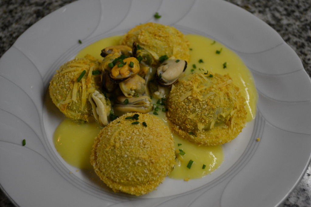 Toasted Ravioli with Mussels