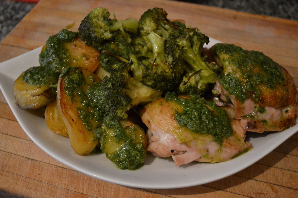 Roast chicken, fondant potatoes, broccoli